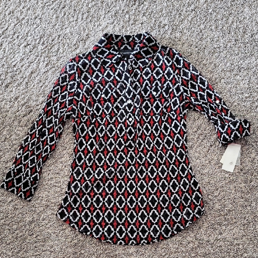 INC International Concepts Black, White & Red Geometric Button-Front Shirt